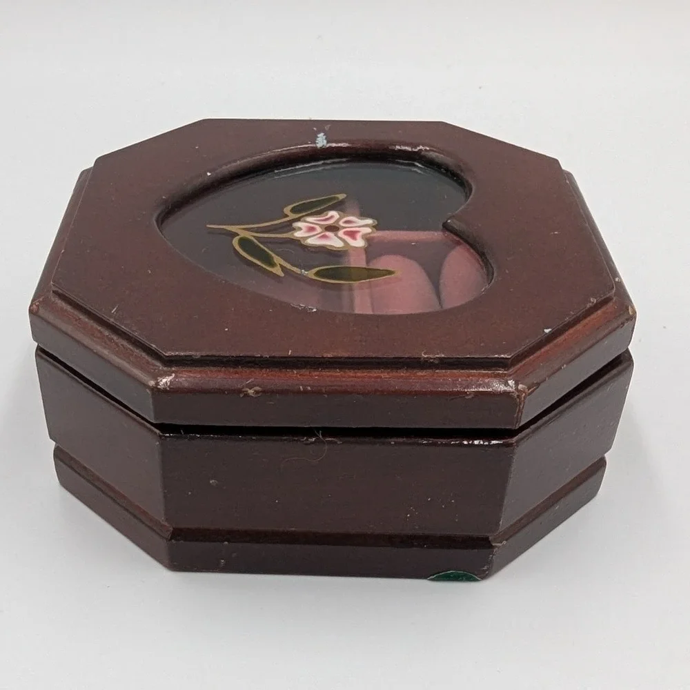 Unbranded Jewelry Box Brown Wood Heart Glass Floral Octagon Trinket Case Small